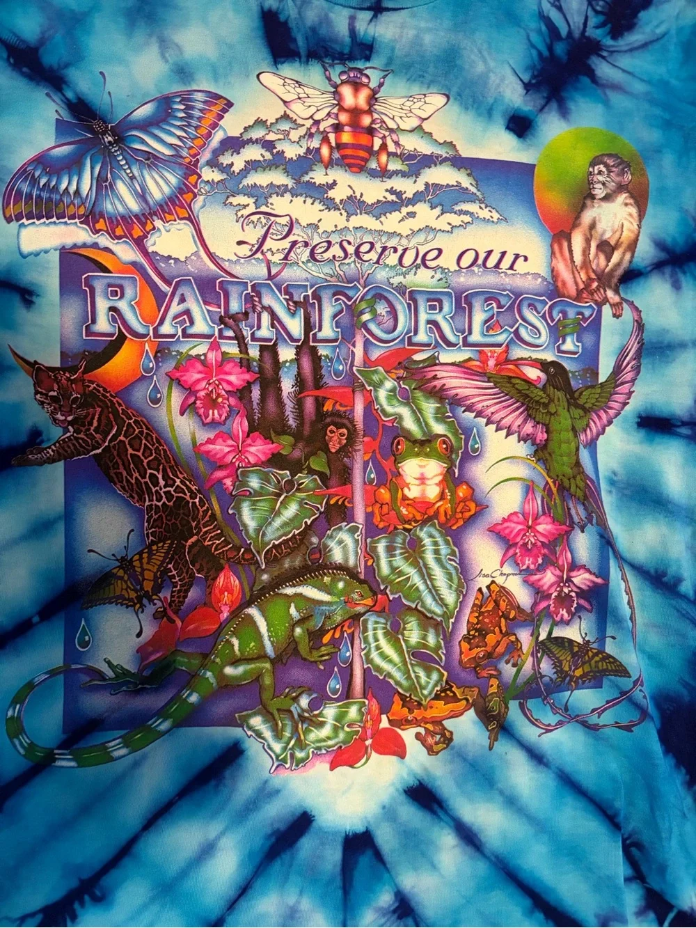 Lisa Chapman Graphics “Preserve The Rainforest “ Vintage 90s Tie Dye Blue Size L